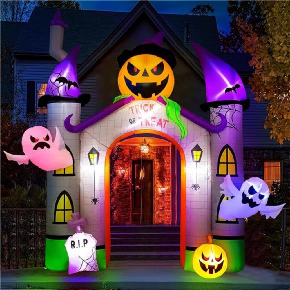 2025 Halloween Inflatables Pumpkin Castle Archway 11FT with Ghost and Trick
